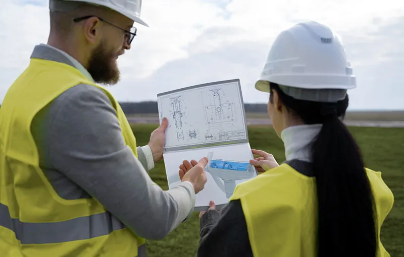 Engineers reviewing technical drawings at a desk