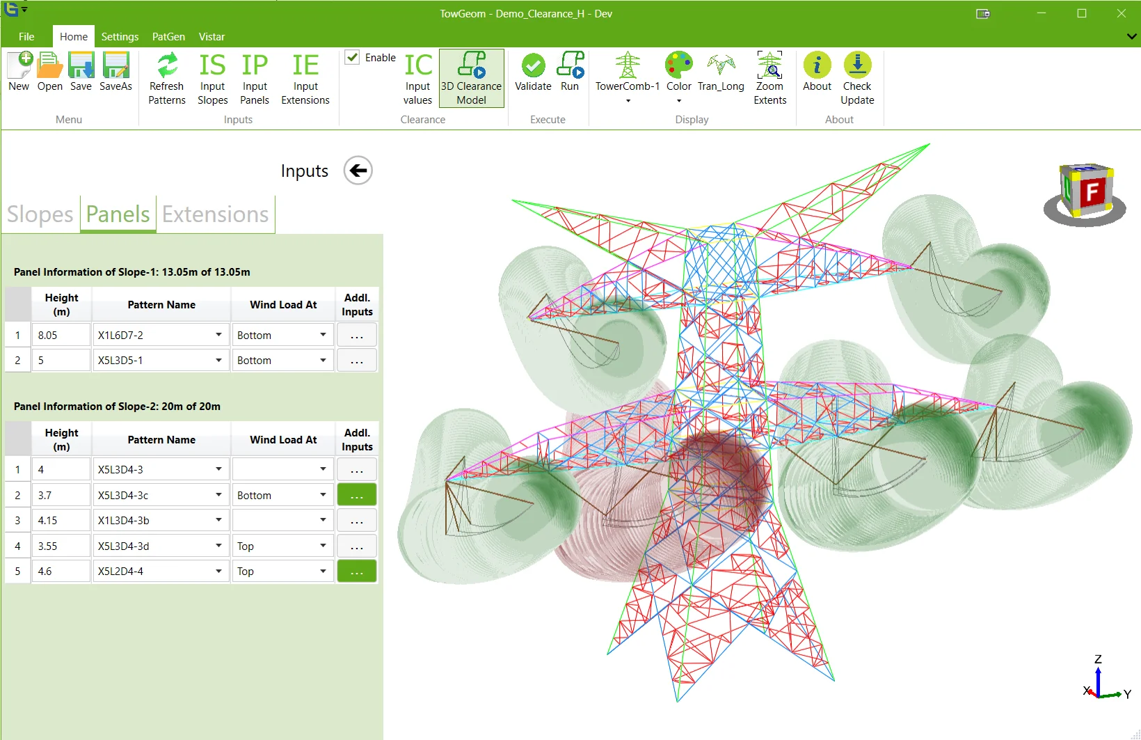 TowGeom software interface showing a tower geometry model